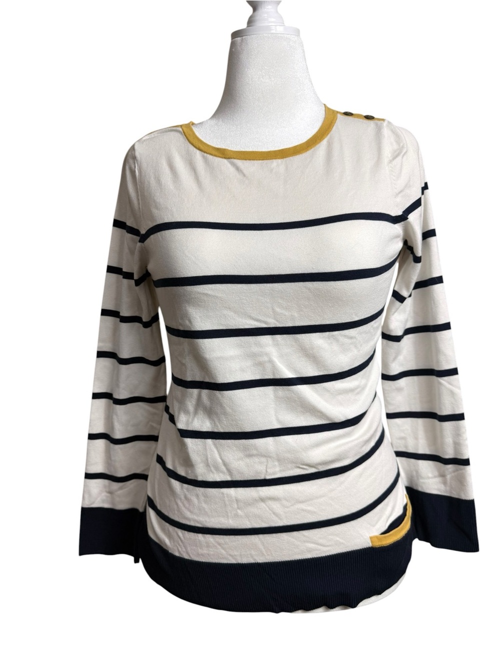 Pendleton Cream and Navy Striped Long-Sleeve Top with Mustard Trim size small - Picture 2 of 11